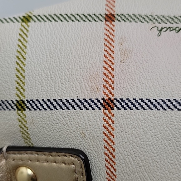 Coach Tattersall Plaid Peyton Pebbled Leather Shoulder Bag Cream Gold Pink Blue - Picture 6 of 16